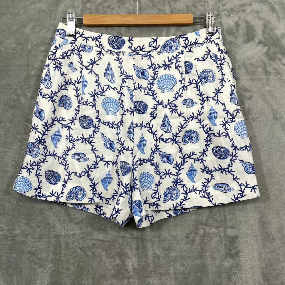 SALONI Women's Size 6 100% Linen Shorts Seashell Print Side Zipper Pockets Lined